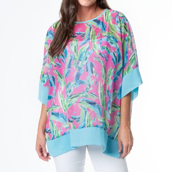 Lexi Boho Tropical Brush Sheer One Size Poncho Cover up Teal Pink - Picture 2 of 6